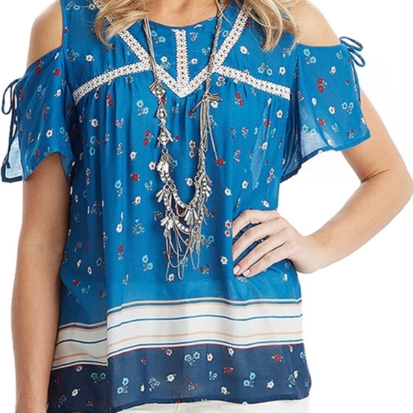 Democracy Tops - Democracy short sleeve Cold Shoulder Spliced Babydoll top blouse - S